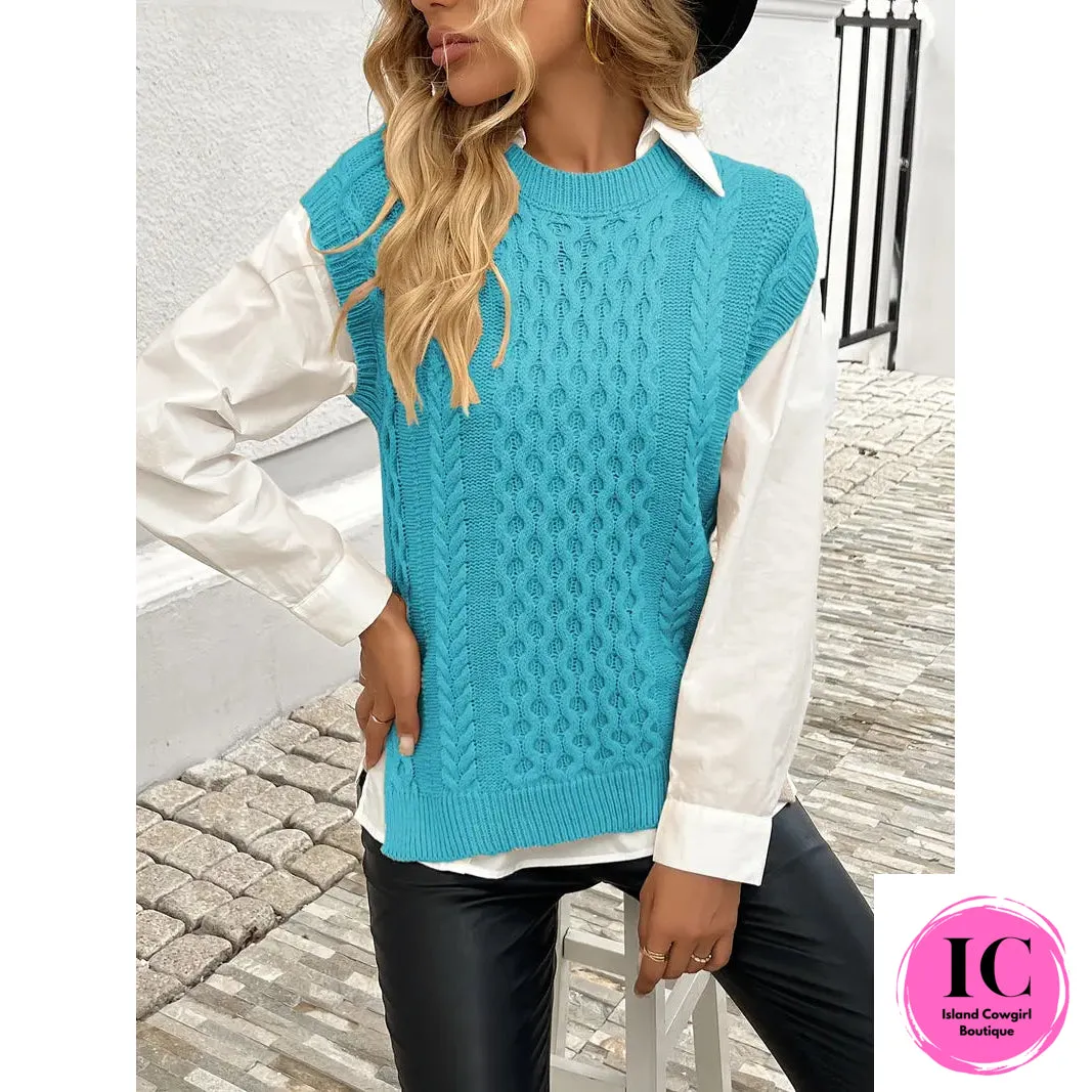 Cozy Cable Knit Lake Blue Crew Neck Vest