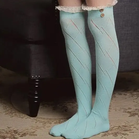 Cozy Thigh-High Diamond Knit Socks with Button