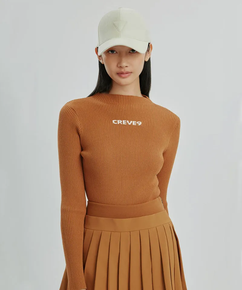 CREVE NINE: Color Blocking Logo High Neck Knit - Camel