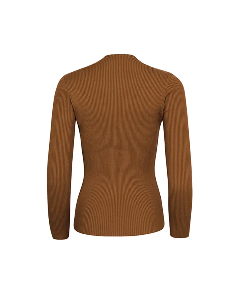 CREVE NINE: Color Blocking Logo High Neck Knit - Camel