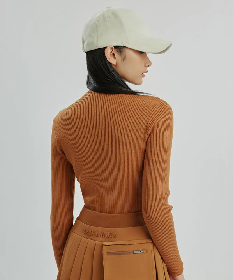 CREVE NINE: Color Blocking Logo High Neck Knit - Camel