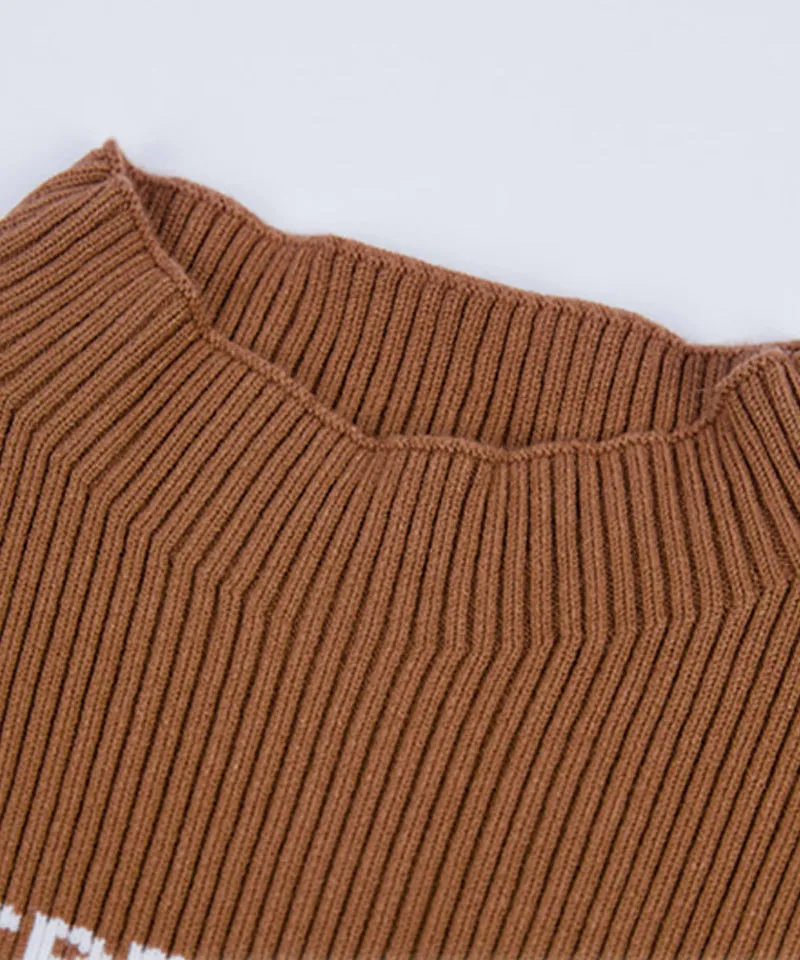 CREVE NINE: Color Blocking Logo High Neck Knit - Camel