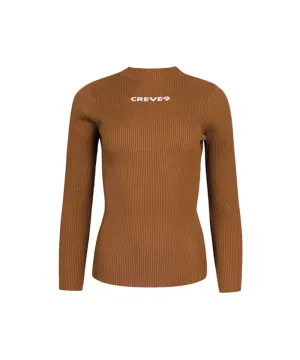 CREVE NINE: Color Blocking Logo High Neck Knit - Camel