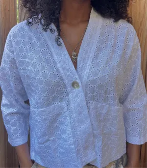 Crop 3/4 Sleeve Jacket - White Eyelet