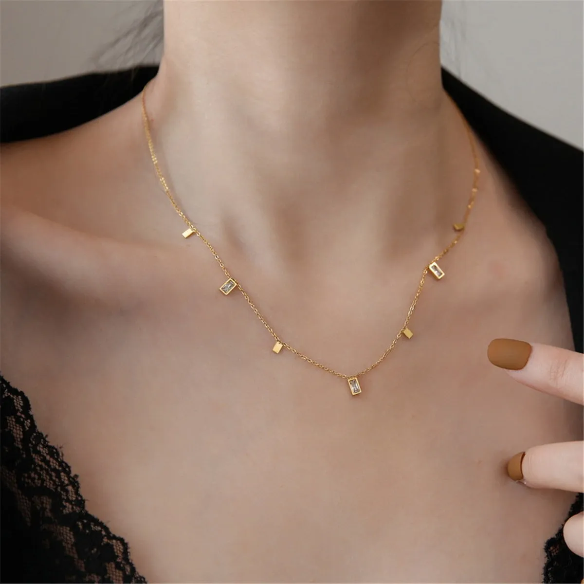 Crystal & 18K Gold-Plated Rectangle Station Necklace