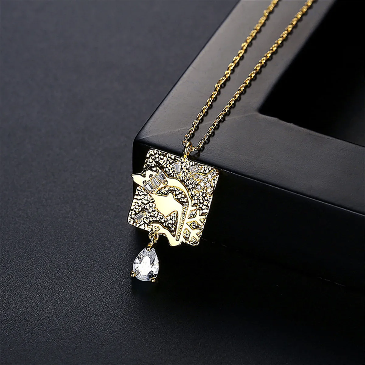 Crystal & 18K Gold-Plated Swan Card Drop Pendant Necklace