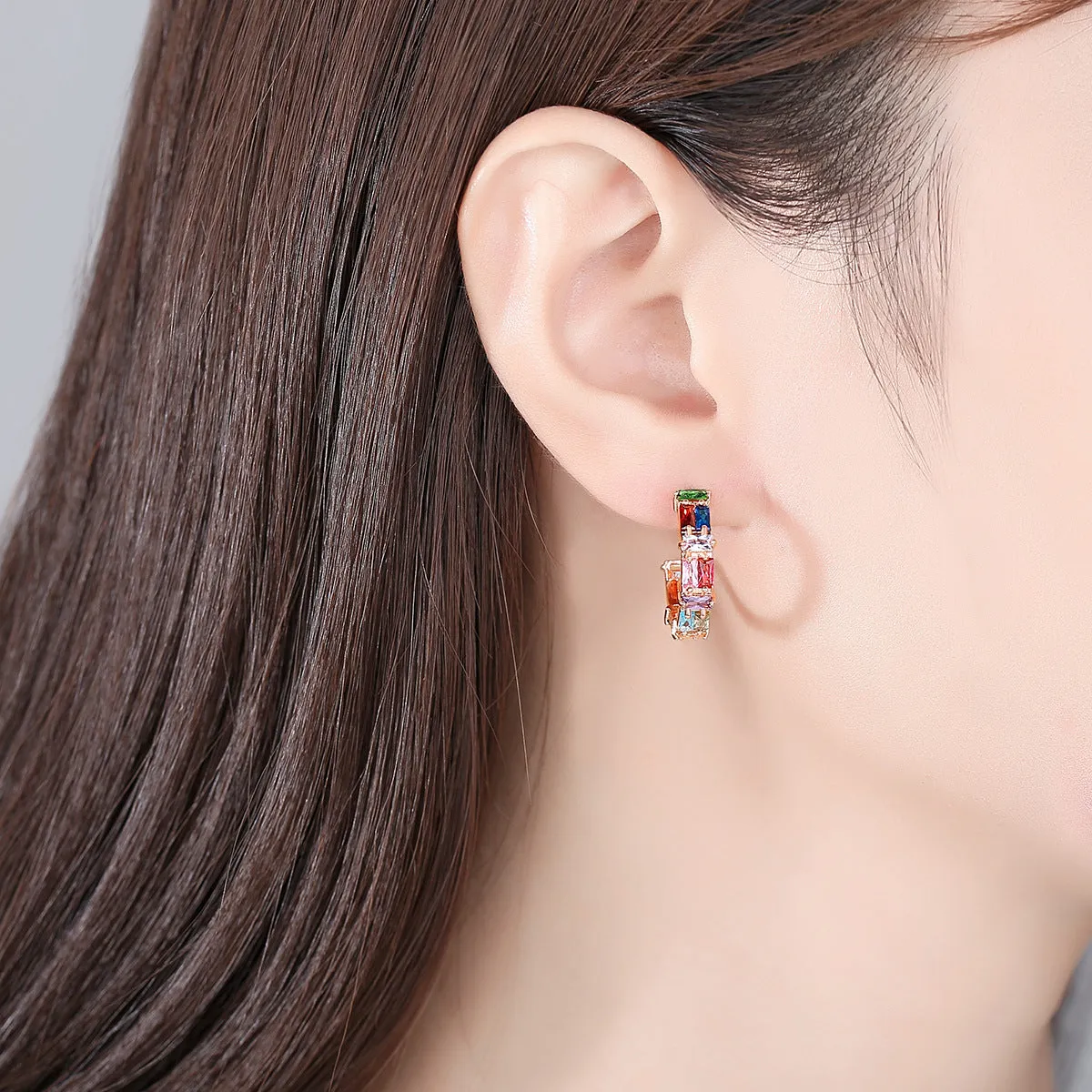 Crystal & 18K Rose Gold-Plated Multicolor C-Shape Hoop Earrings
