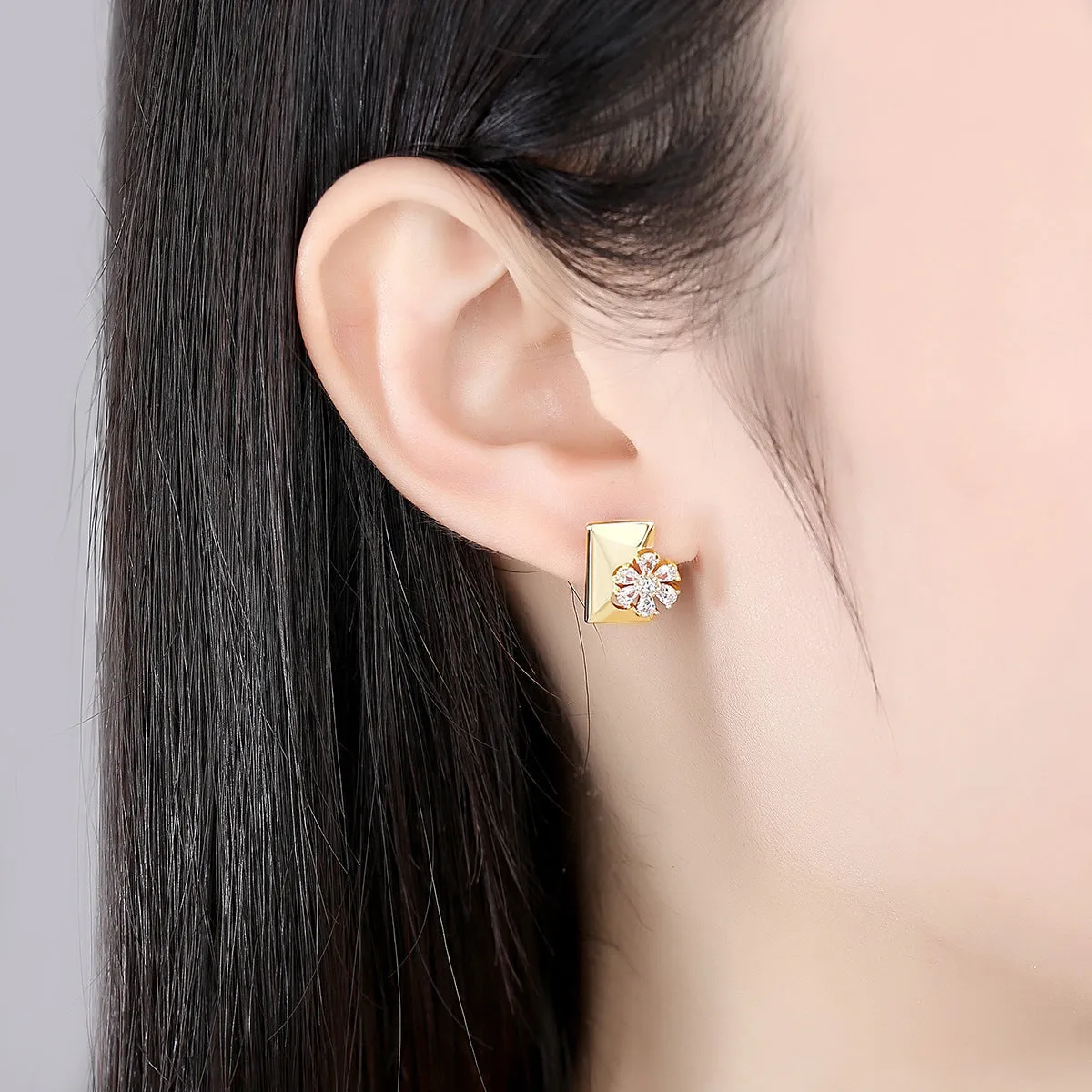Crystal & Cubic Zirconia Floral Rectangle Stud Earrings