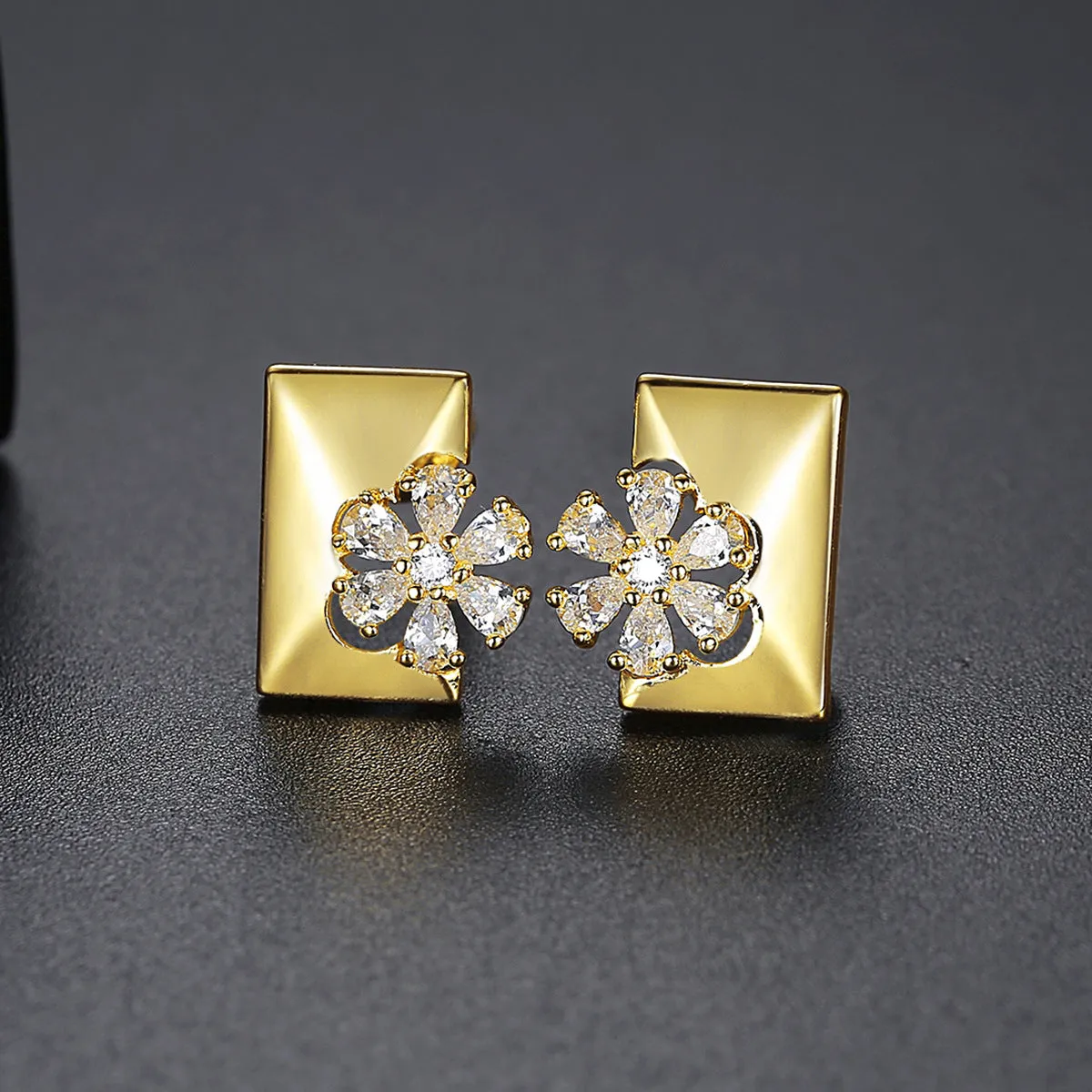 Crystal & Cubic Zirconia Floral Rectangle Stud Earrings