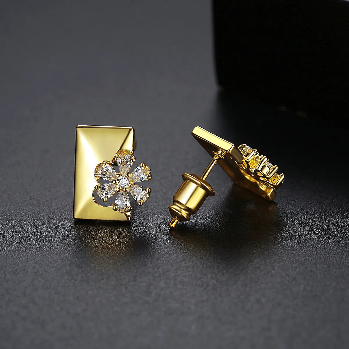 Crystal & Cubic Zirconia Floral Rectangle Stud Earrings