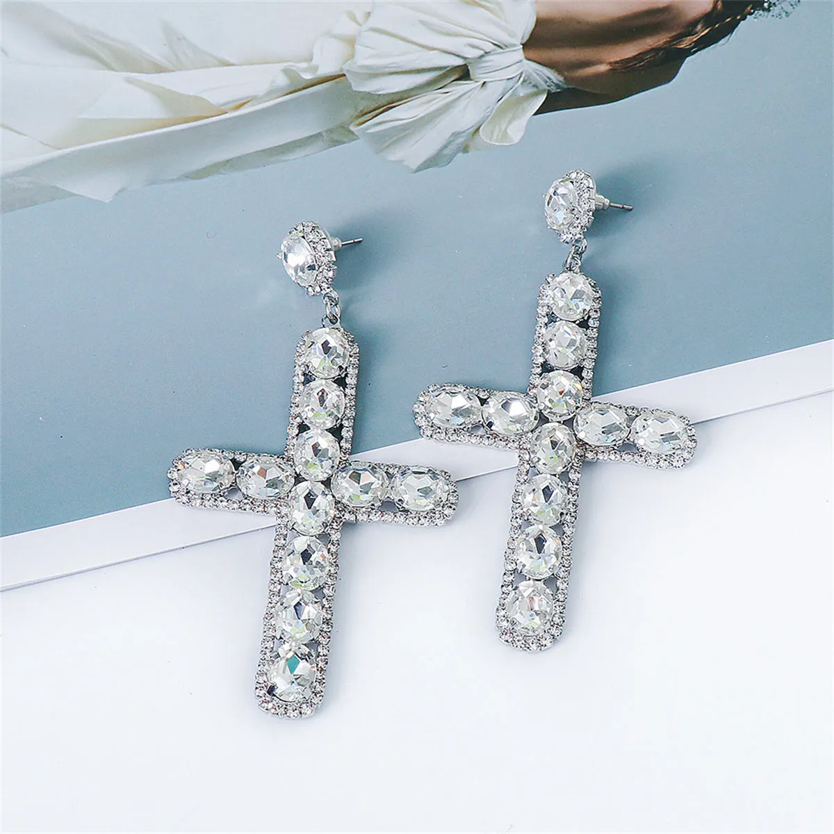 Crystal & Cubic Zirconia Silver-Plated Cross Drop Earrings