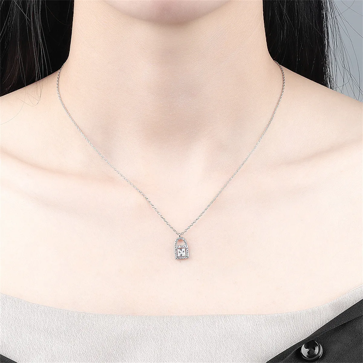 Crystal & Cubic Zirconia Silver-Plated Lock Pendant Necklace