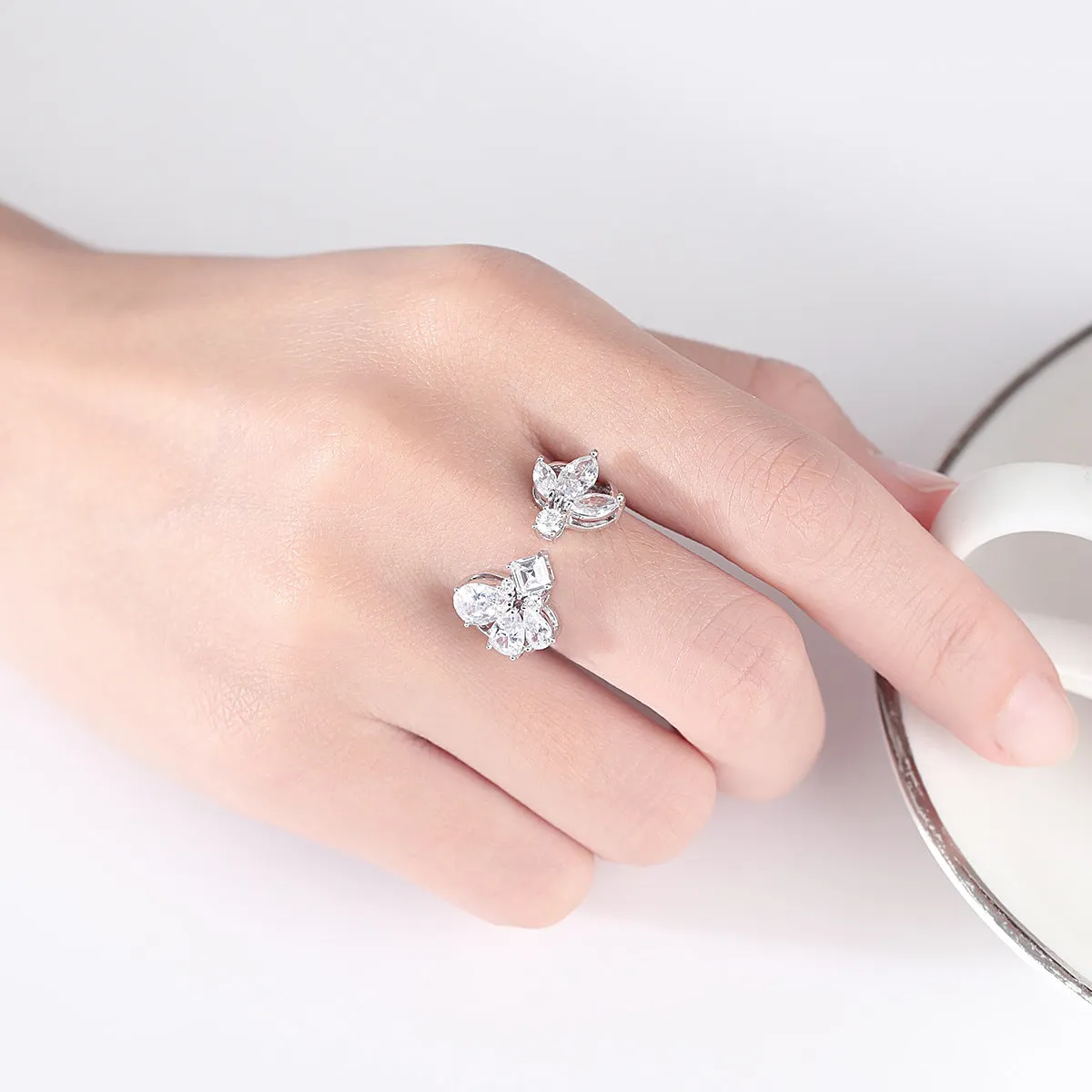 Crystal & Cubic Zirconia Silver-Plated Pear-Cut Open Ring