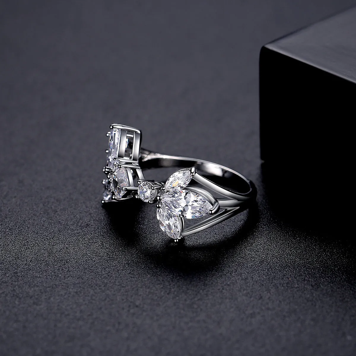 Crystal & Cubic Zirconia Silver-Plated Pear-Cut Open Ring
