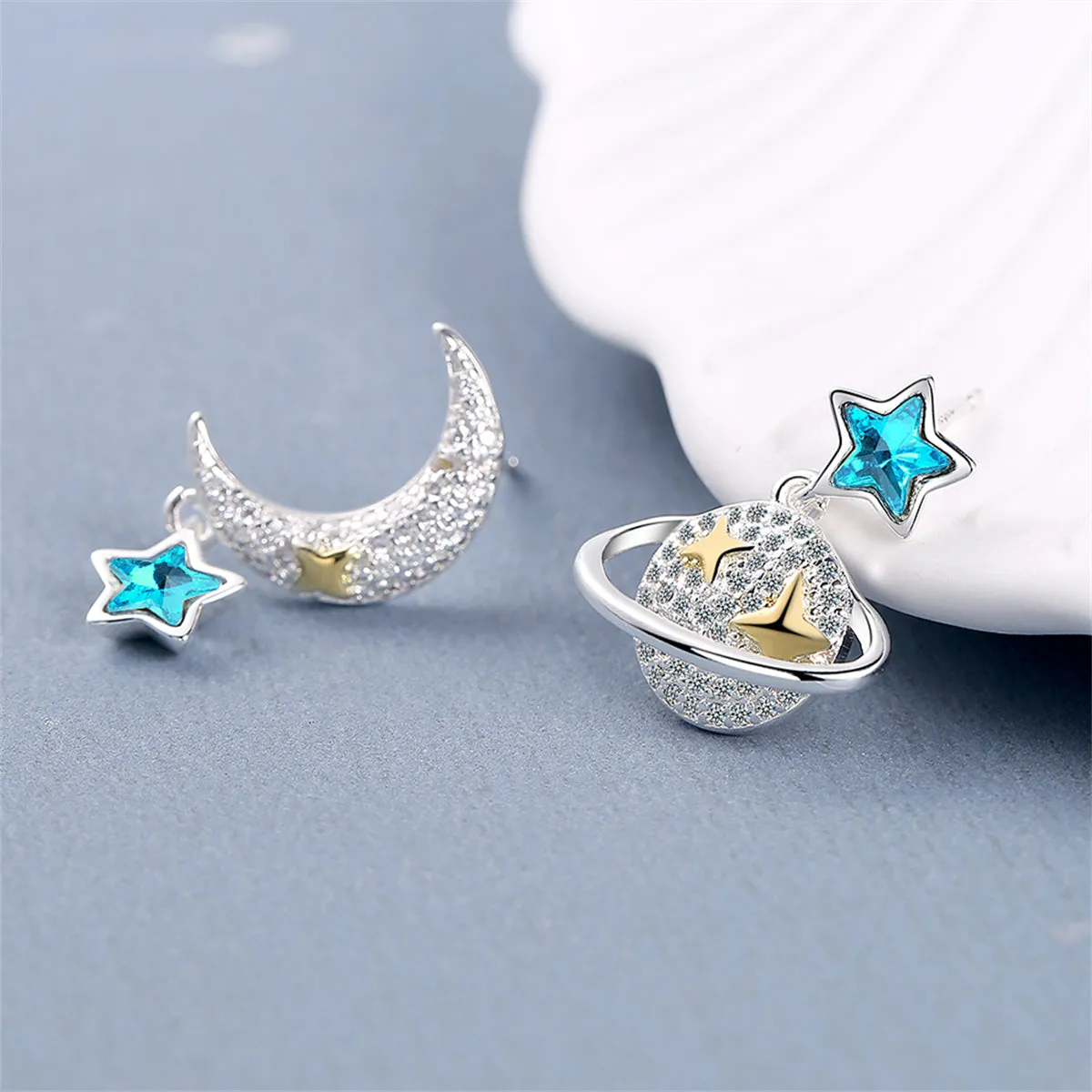 Crystal & Cubic Zirconia Two Tone Moon & Planet Drop Earrings