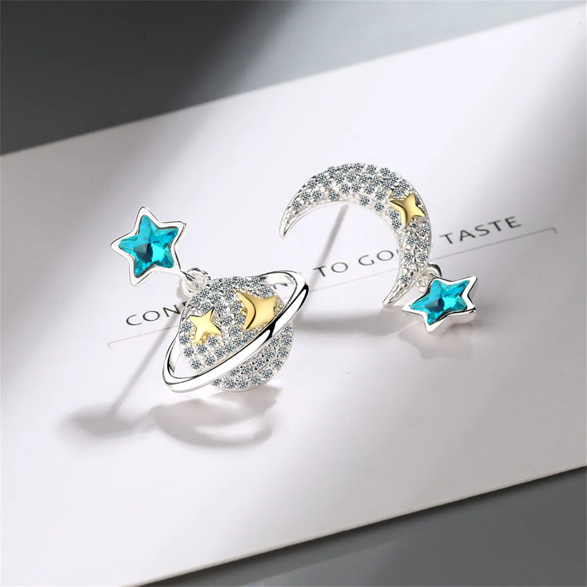 Crystal & Cubic Zirconia Two Tone Moon & Planet Drop Earrings