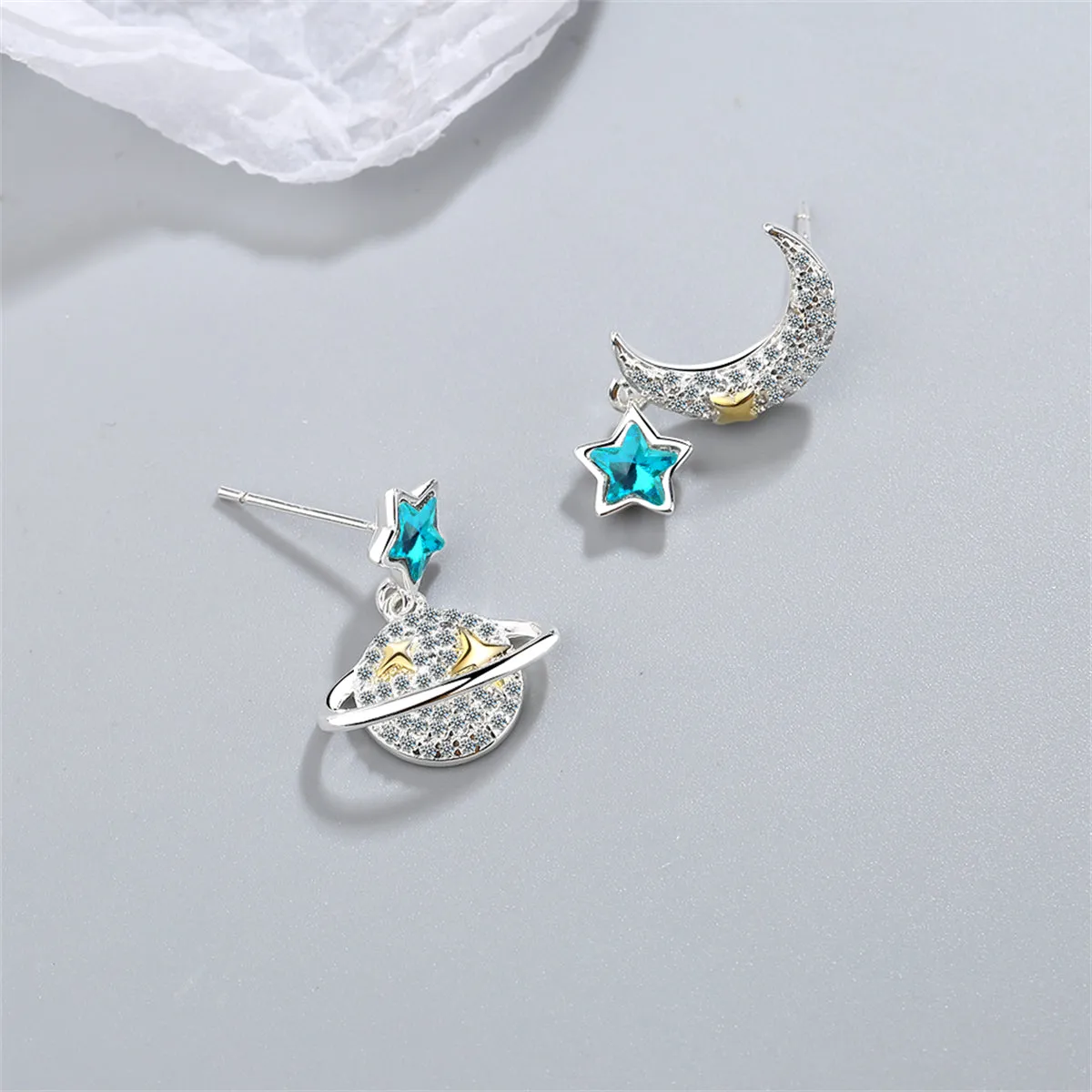 Crystal & Cubic Zirconia Two Tone Moon & Planet Drop Earrings