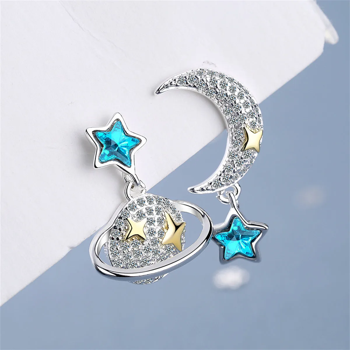 Crystal & Cubic Zirconia Two Tone Moon & Planet Drop Earrings