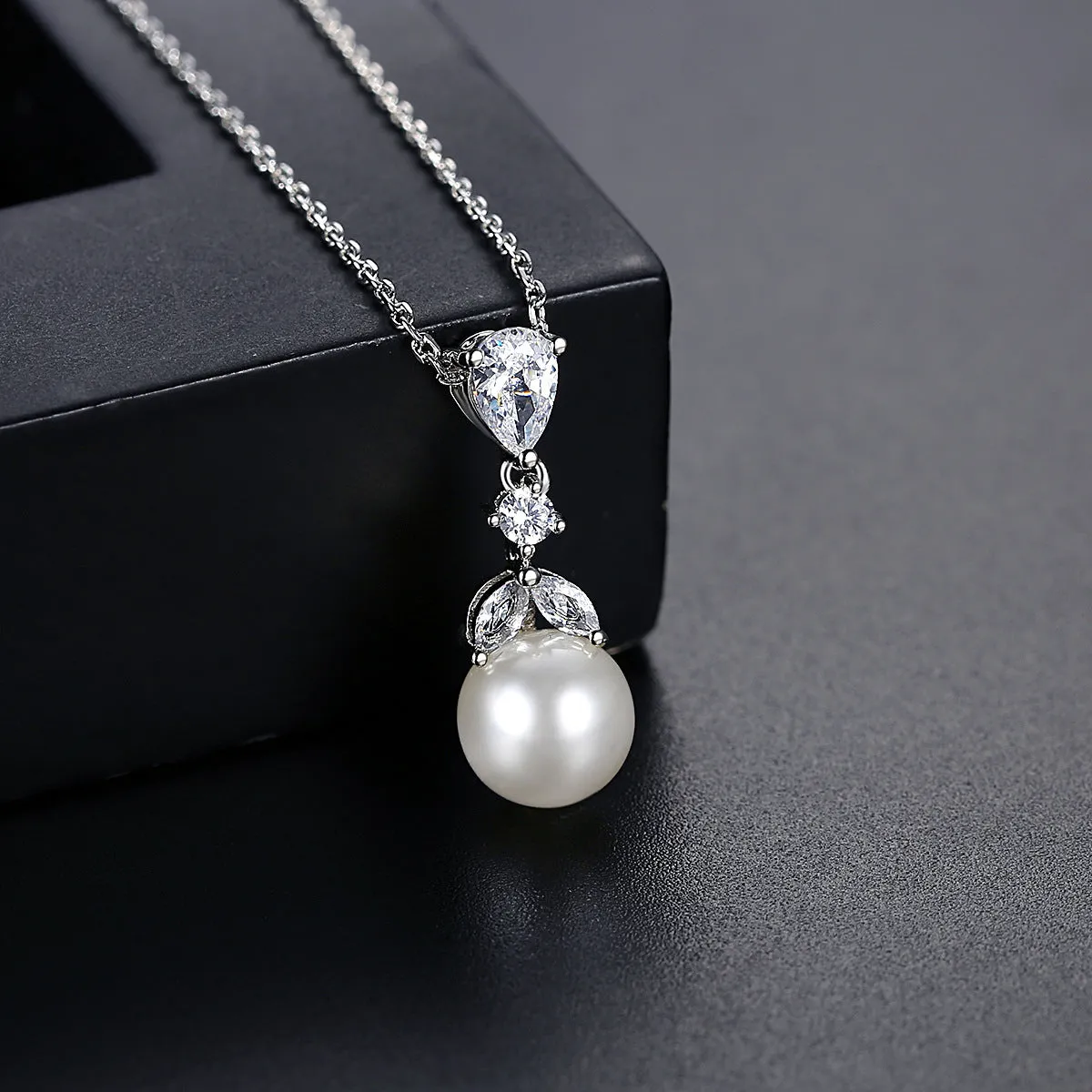 Crystal & Pearl Silver-Plated Drop Pendant Necklace