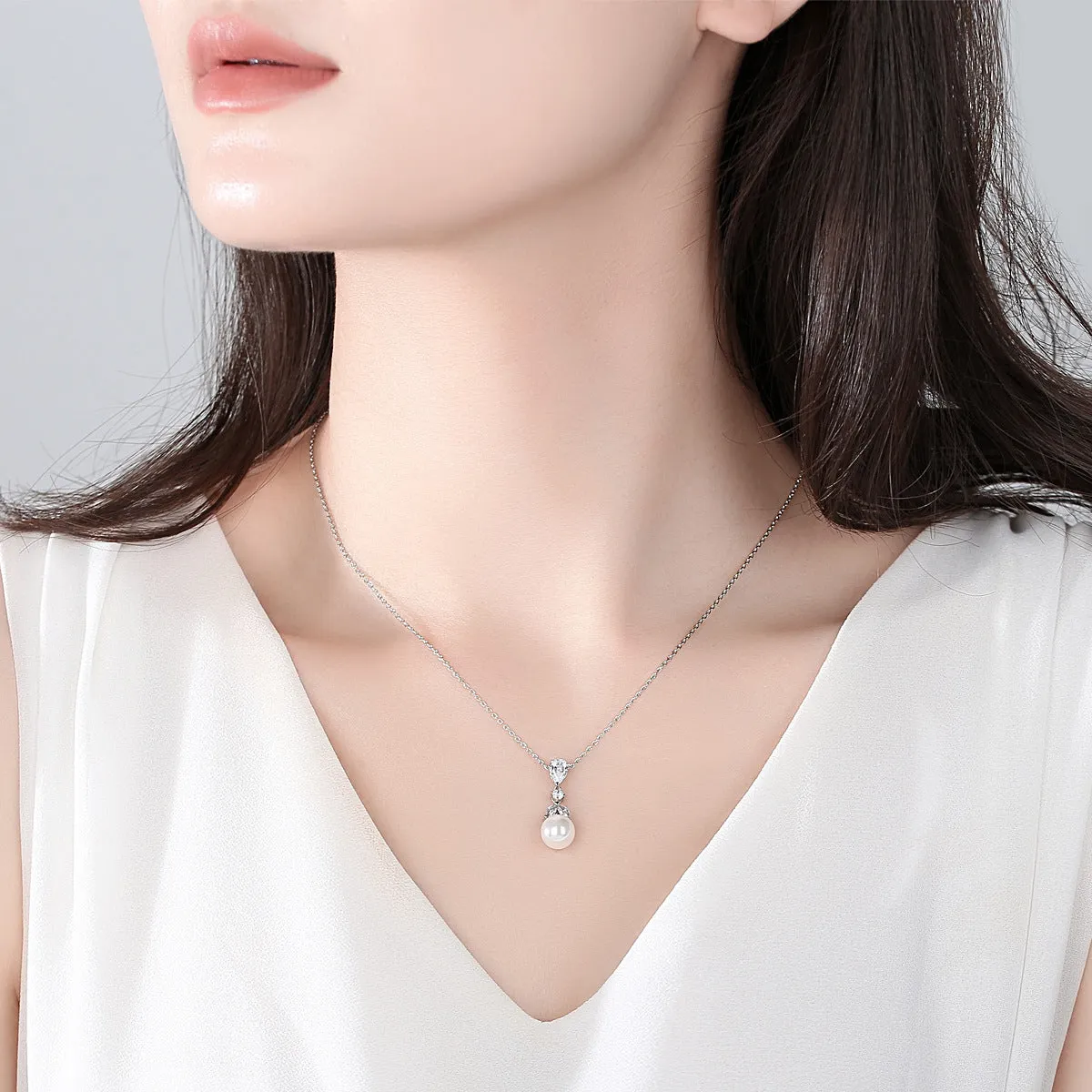 Crystal & Pearl Silver-Plated Drop Pendant Necklace