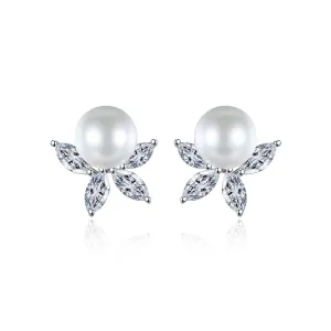 Crystal & Pearl Silver-Plated Flower Stud Earrings