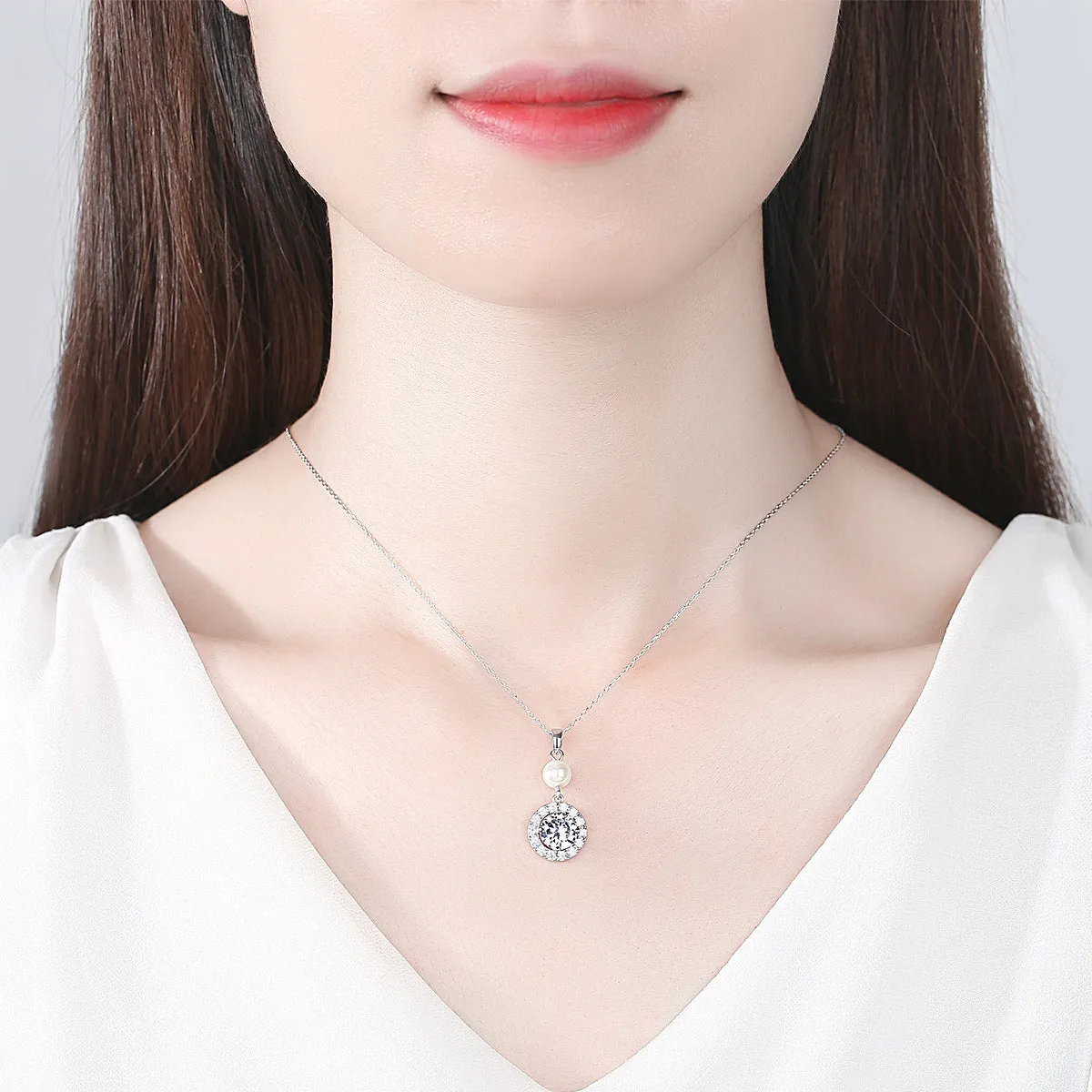 Crystal & Pearl Silver-Plated Round Pendant Necklace