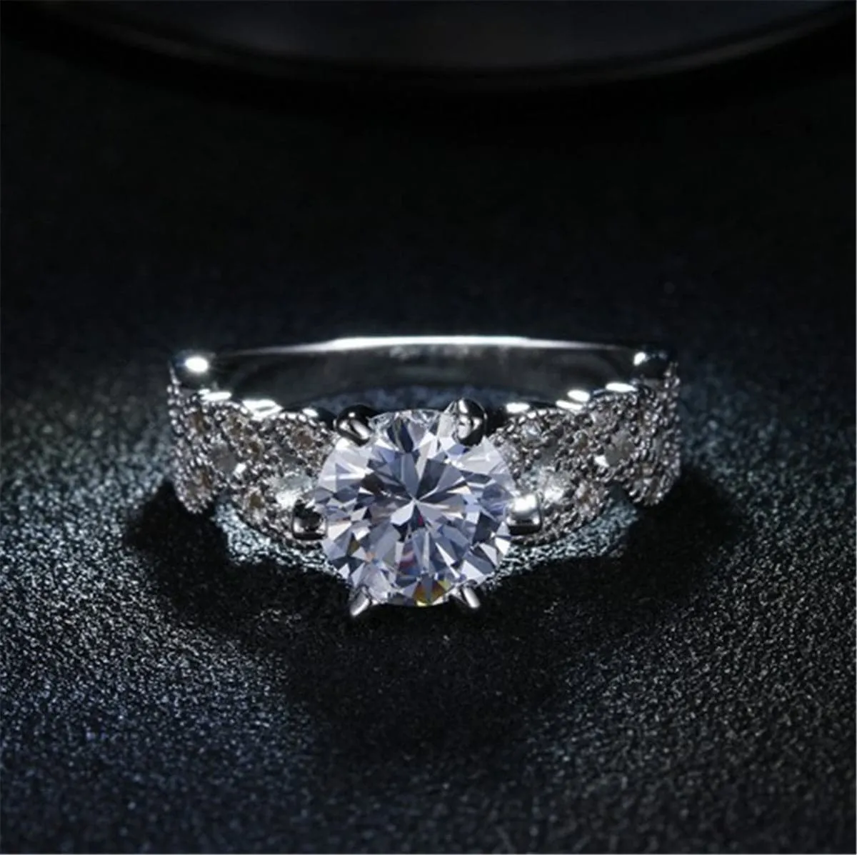 Crystal & Silver-Plated Leaf Band Ring