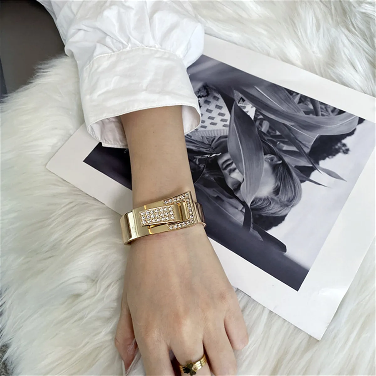 Cubic Zirconia & 18K Gold-Plated Buckle Charm Hinge Bangle