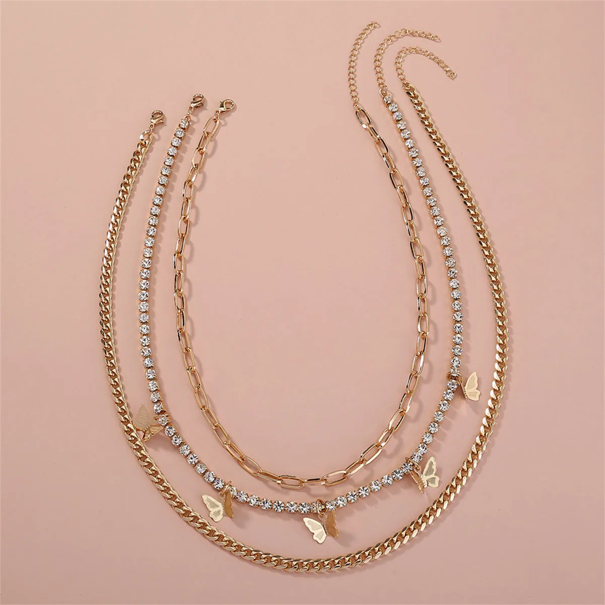 Cubic Zirconia & 18K Gold-Plated Butterfly Layered Chain Necklace