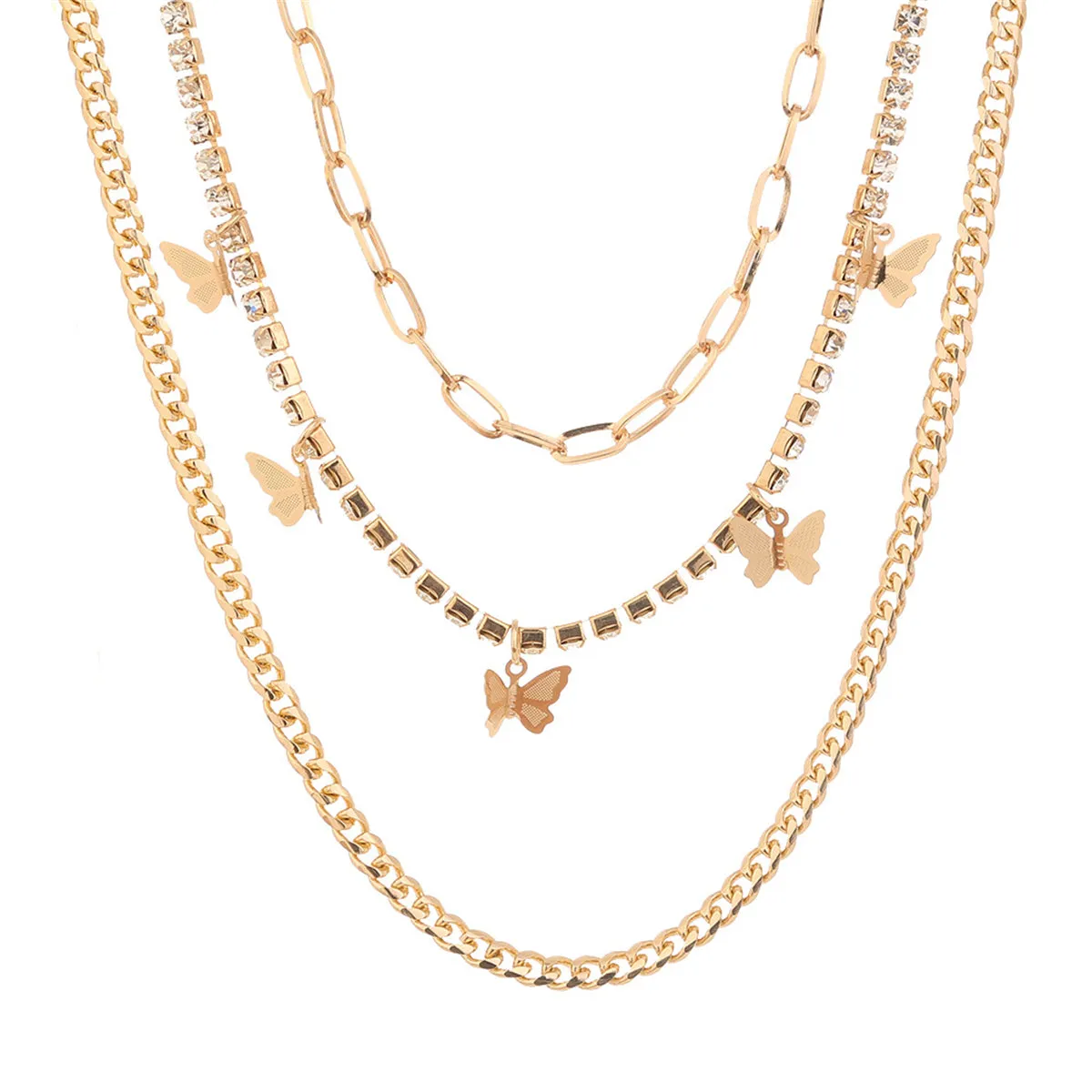 Cubic Zirconia & 18K Gold-Plated Butterfly Layered Chain Necklace