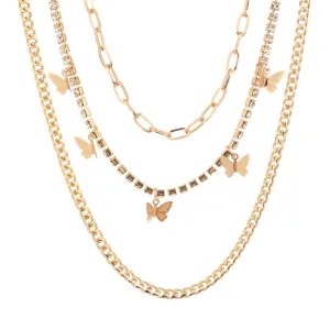 Cubic Zirconia & 18K Gold-Plated Butterfly Layered Chain Necklace