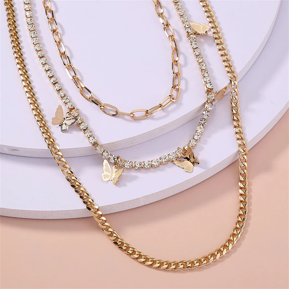 Cubic Zirconia & 18K Gold-Plated Butterfly Layered Chain Necklace