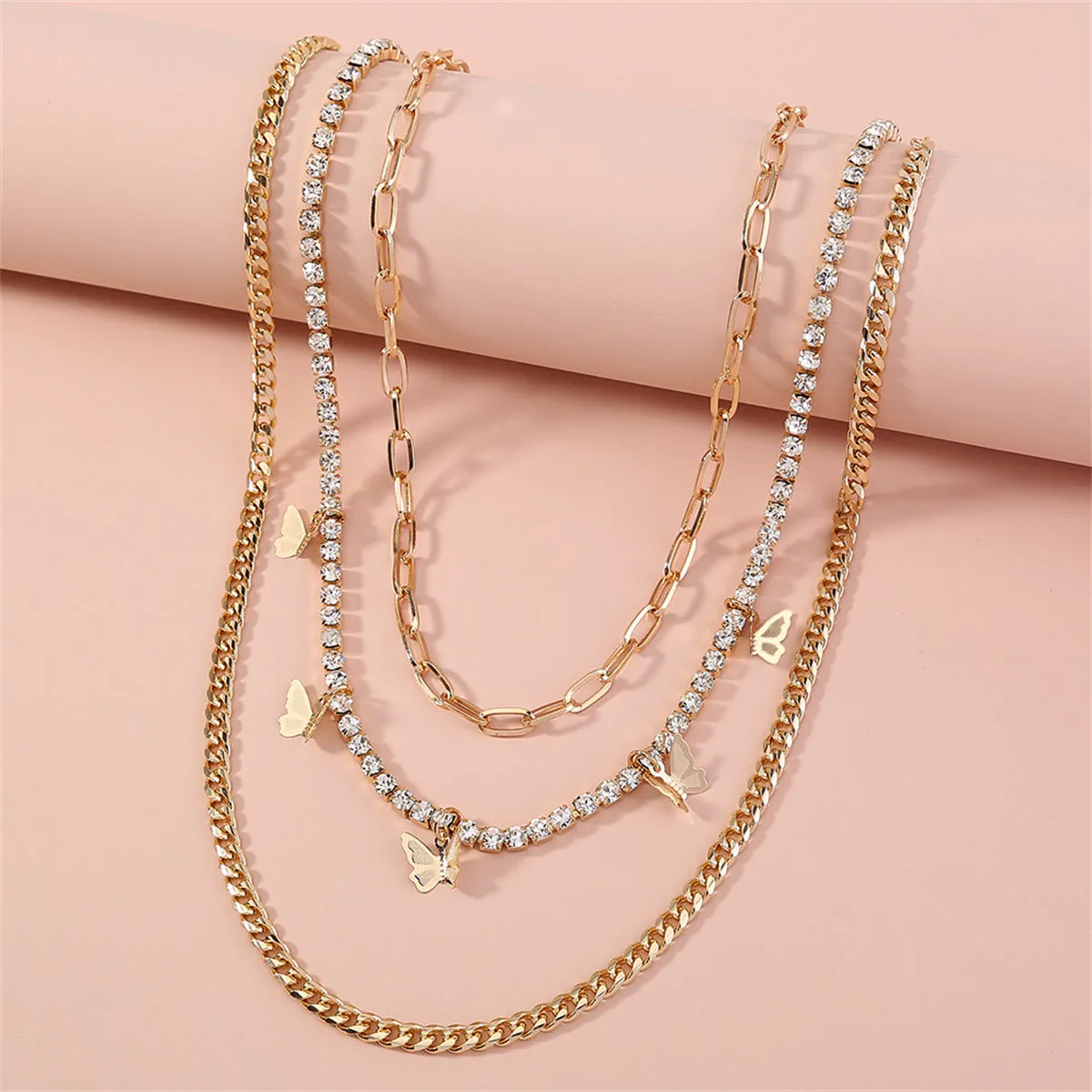 Cubic Zirconia & 18K Gold-Plated Butterfly Layered Chain Necklace