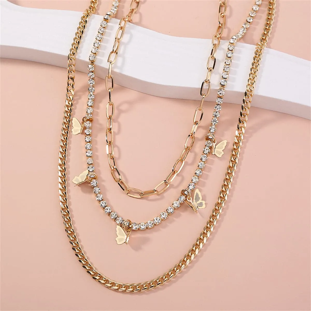 Cubic Zirconia & 18K Gold-Plated Butterfly Layered Chain Necklace