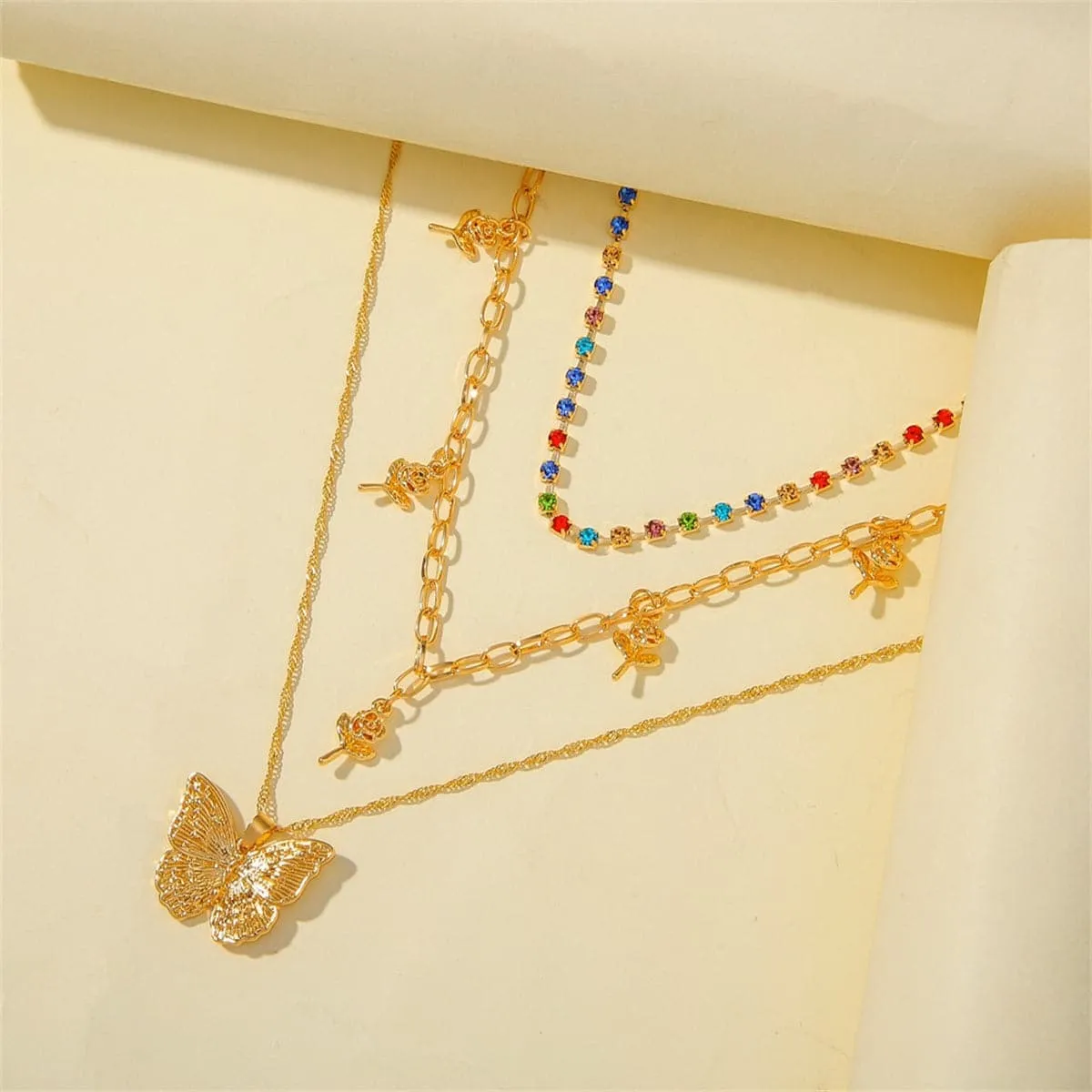 Cubic Zirconia & 18K Gold-Plated Butterfly Layered Pendant Necklace
