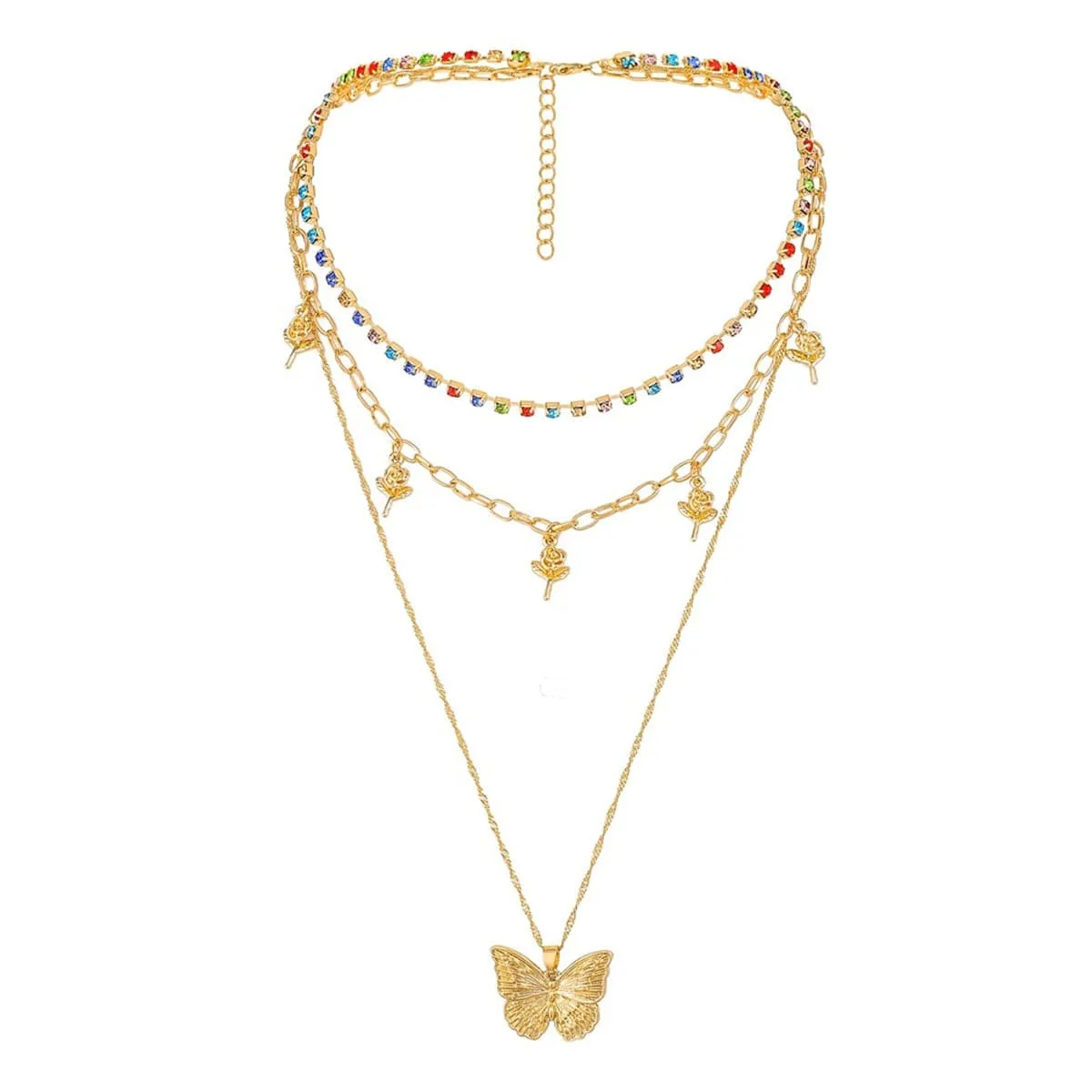 Cubic Zirconia & 18K Gold-Plated Butterfly Layered Pendant Necklace