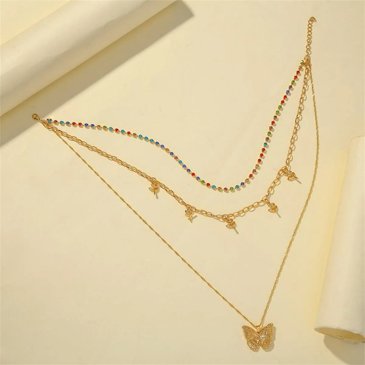 Cubic Zirconia & 18K Gold-Plated Butterfly Layered Pendant Necklace