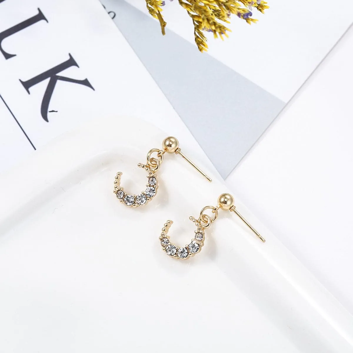 Cubic Zirconia & 18K Gold-Plated Crescent Moon Drop Earrings