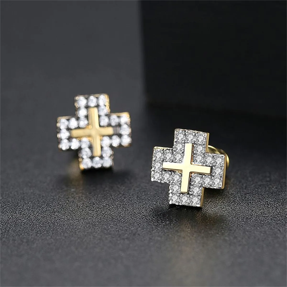 Cubic Zirconia & 18K Gold-Plated Cross Stud Earrings