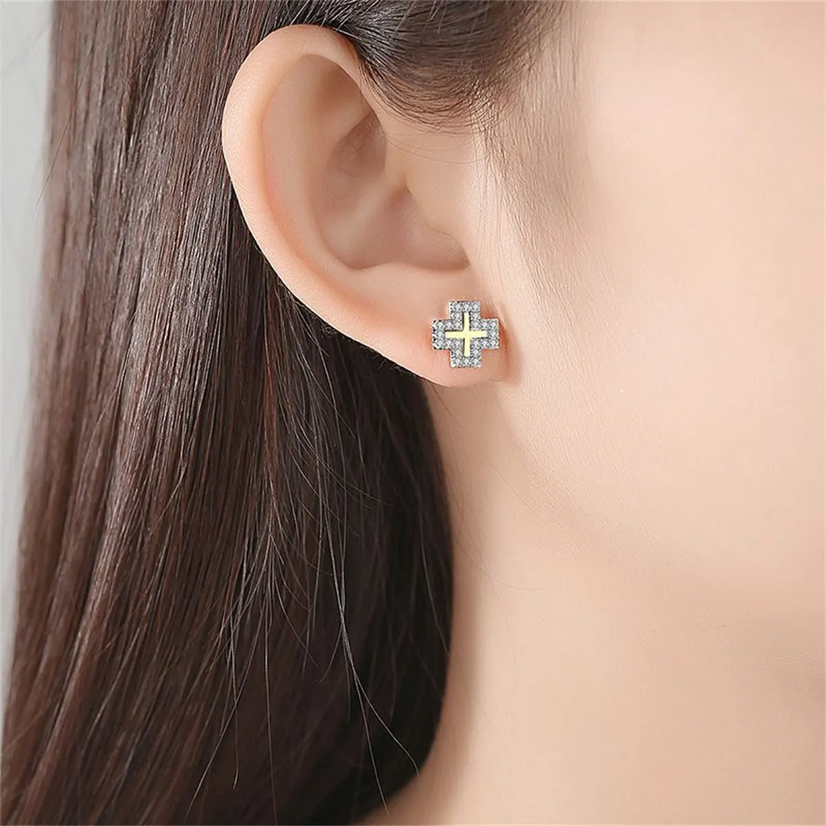 Cubic Zirconia & 18K Gold-Plated Cross Stud Earrings