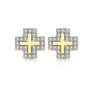 Cubic Zirconia & 18K Gold-Plated Cross Stud Earrings