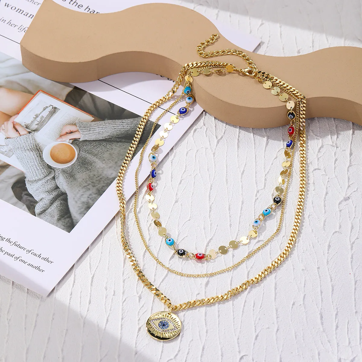 Cubic Zirconia & 18K Gold-Plated Eye Pendant Layered Necklace