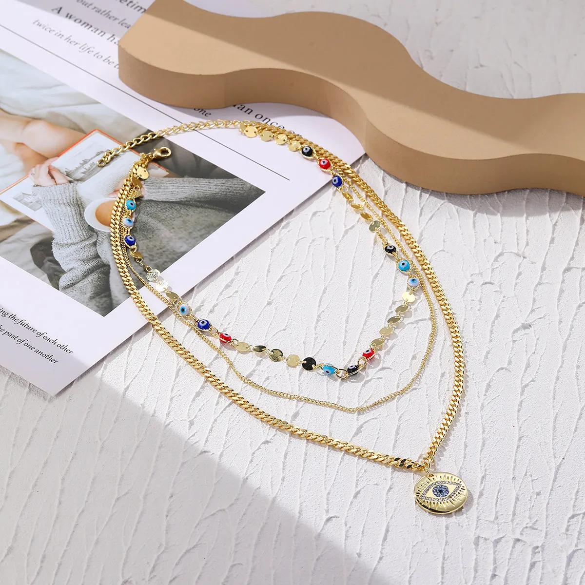 Cubic Zirconia & 18K Gold-Plated Eye Pendant Layered Necklace
