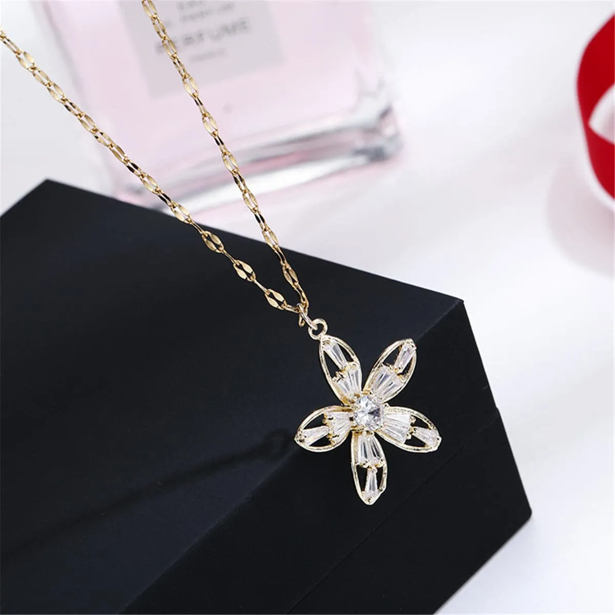 Cubic Zirconia & 18K Gold-Plated Flower Pendant Necklace