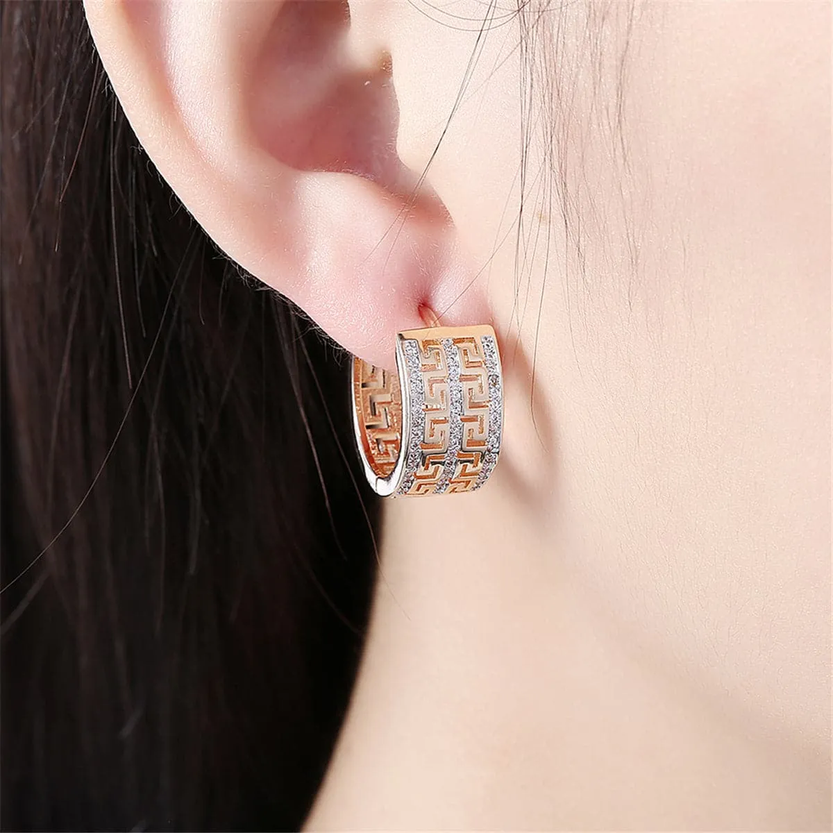 Cubic Zirconia & 18K Gold-Plated Greek Key Huggie Earrings