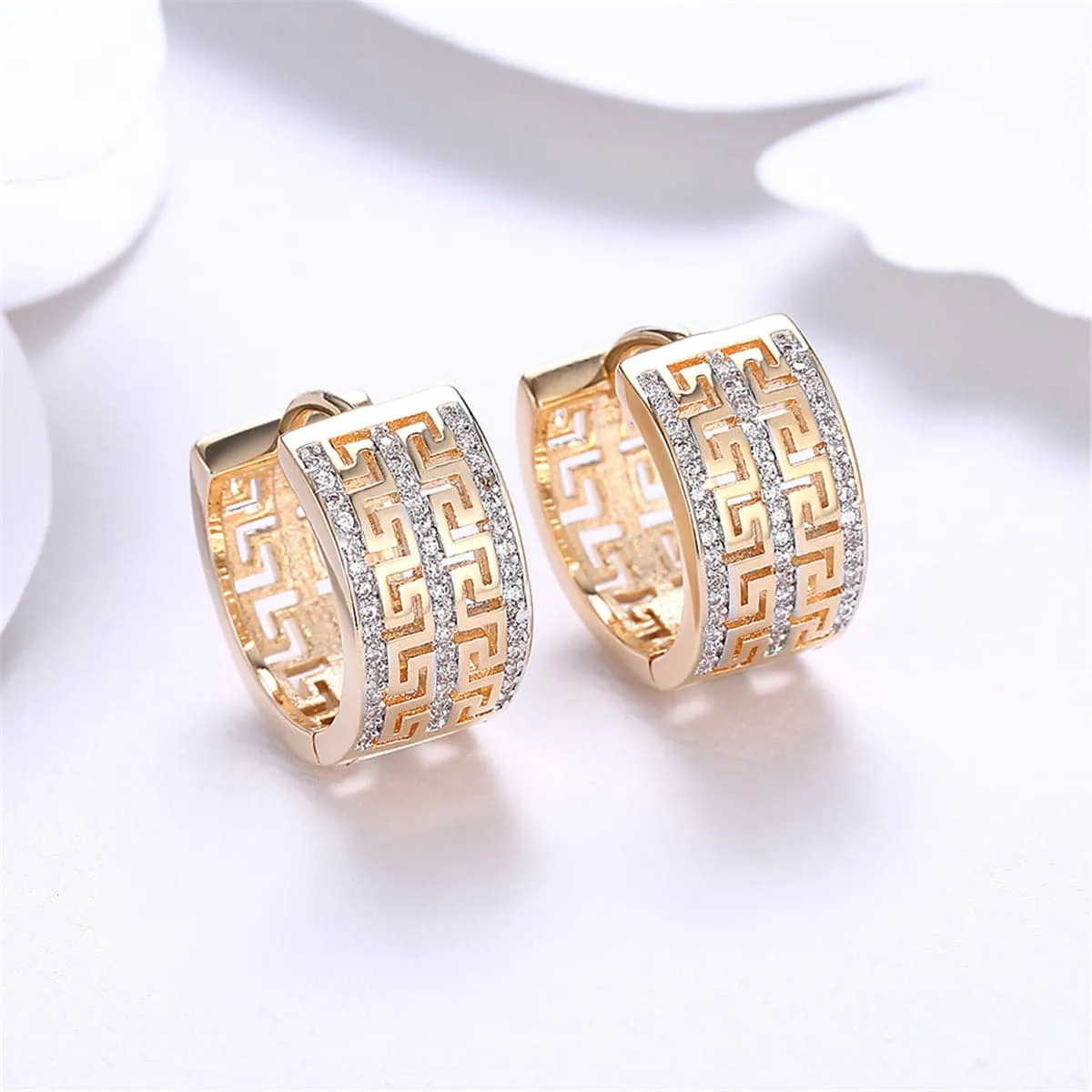 Cubic Zirconia & 18K Gold-Plated Greek Key Huggie Earrings