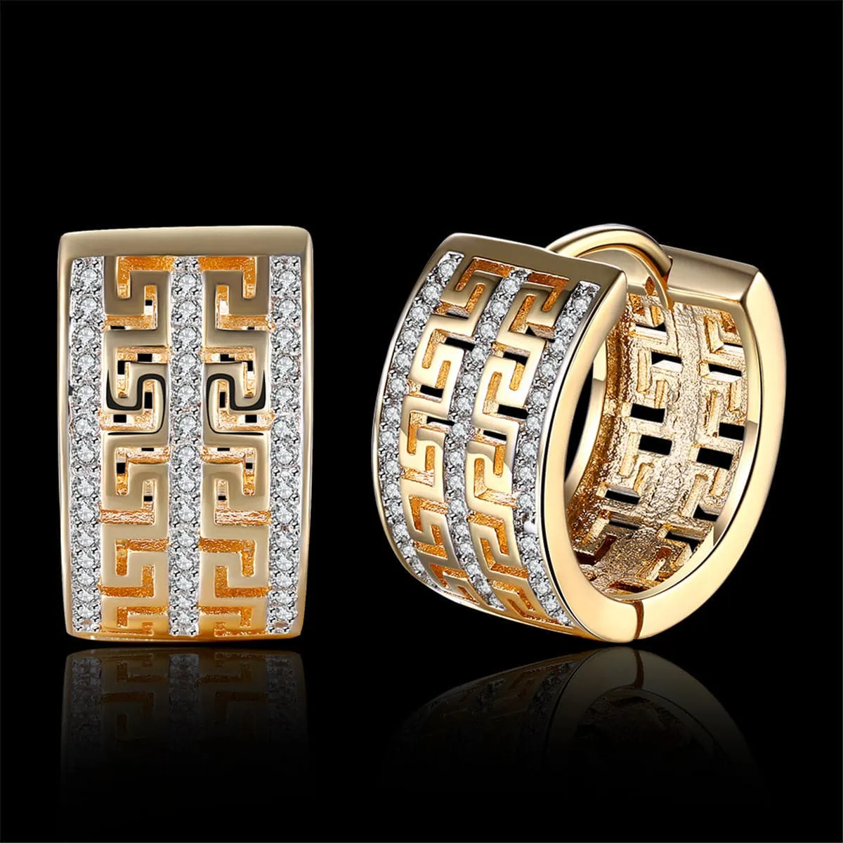 Cubic Zirconia & 18K Gold-Plated Greek Key Huggie Earrings