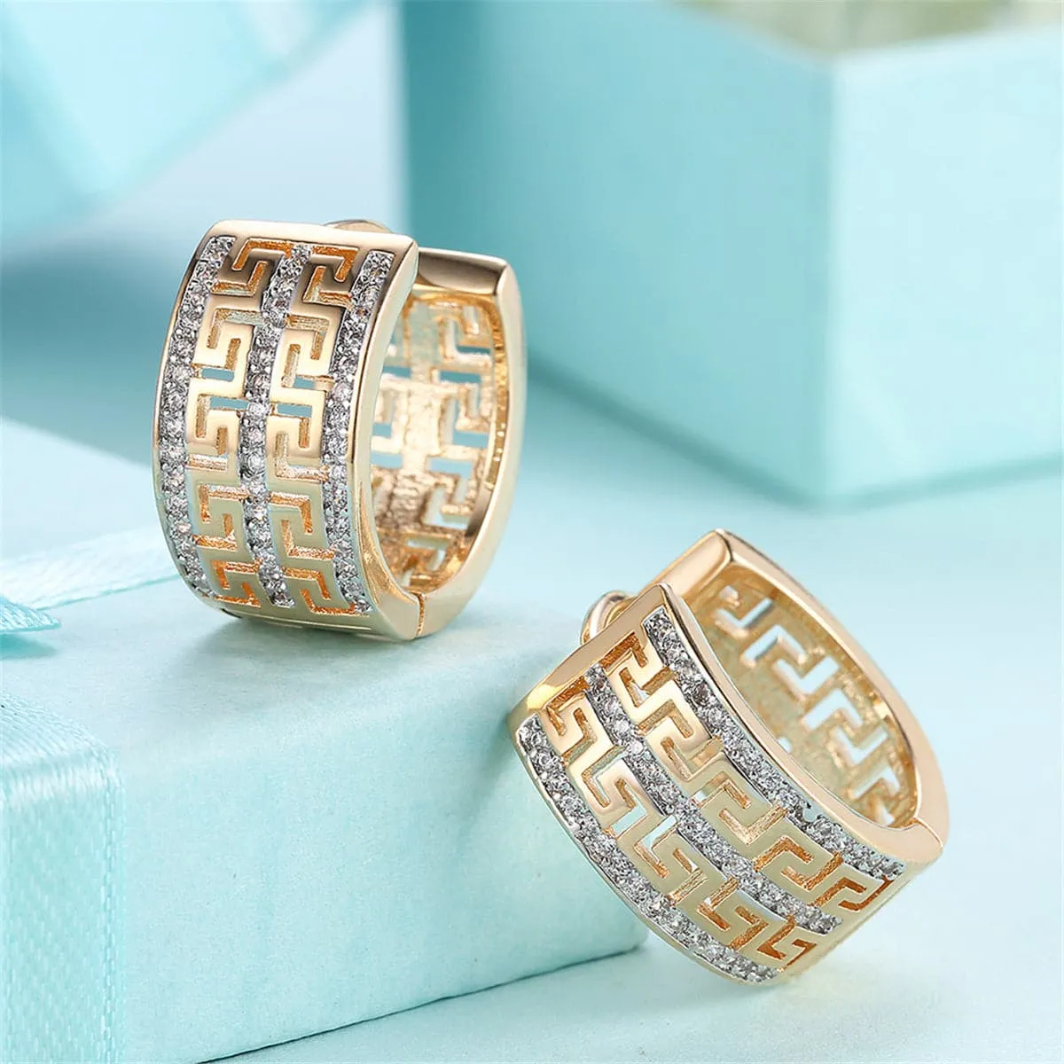 Cubic Zirconia & 18K Gold-Plated Greek Key Huggie Earrings
