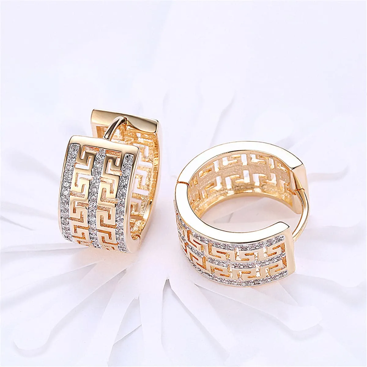 Cubic Zirconia & 18K Gold-Plated Greek Key Huggie Earrings