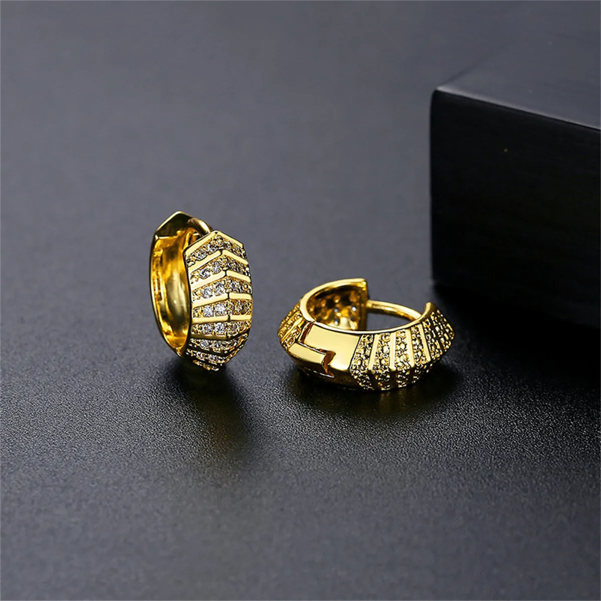Cubic Zirconia & 18K Gold-Plated Herringbone Huggie Earrings
